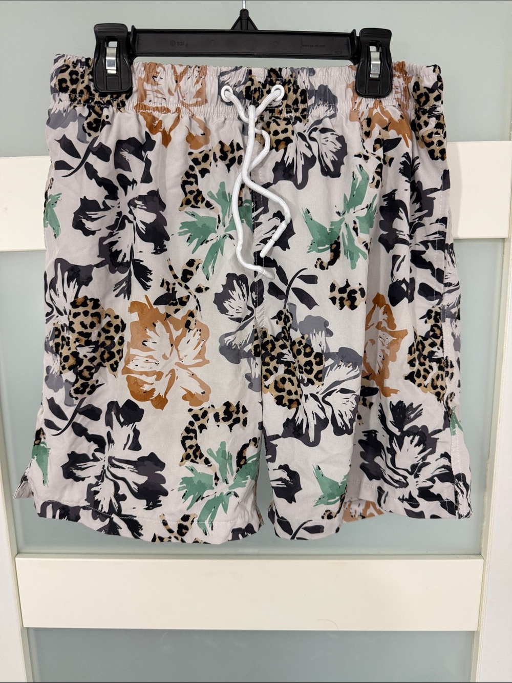 Members Only Floral & Leopard Drawstring Athletic Shorts - Mint, Tan & Black